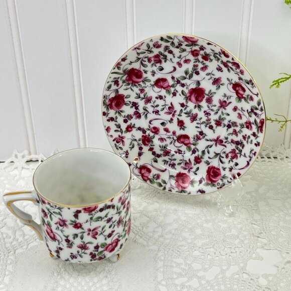 Vintage Yada China Floral Tea Cup & Saucer Pink Roses Gold Trim Cottage Core - Picture 14 of 14